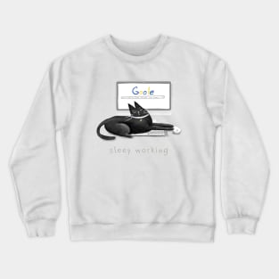 Cartoon black sleeping cat on a laptop and the inscription "Sleep working". Crewneck Sweatshirt